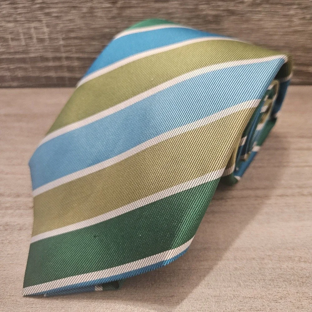David‎ Donahue Luxury Tie Blue Green Gold Striped 100% Silk Necktie